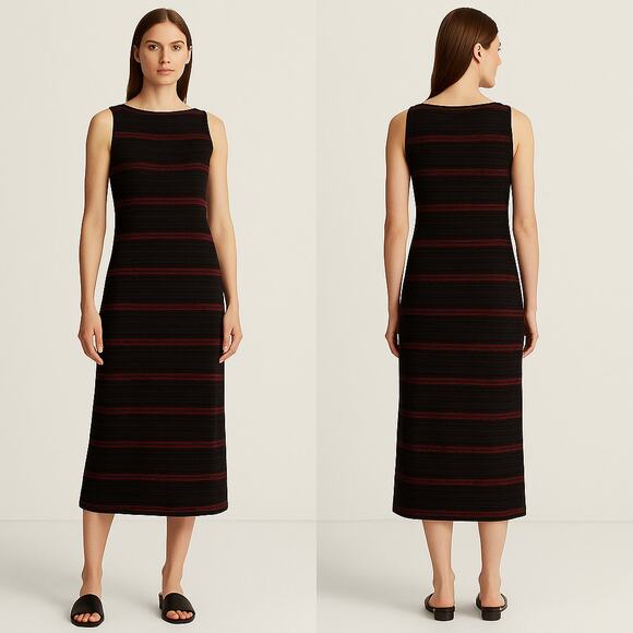 Lauren Ralph Lauren Sleeveless Linen Knit Midi Dress Black Red Striped Size M - Picture 1 of 6